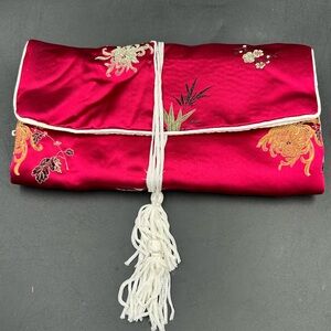 NOS Red Silk travel jewelry roll with zippered compartments